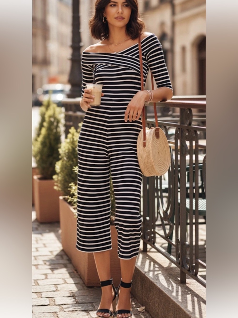 Topshop Jumpsuit Striped Off Shoulder Stretch Straight Leg Knit Cropped Pants 2